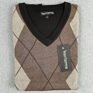 NEW Mens V Neck Sweater Argyle Brown Beige Black Long Sleeve Size Large Karizma